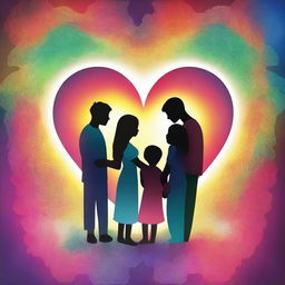 A high-quality digital art image showing a family, a couple, and friends together, all centered around a glowing heart