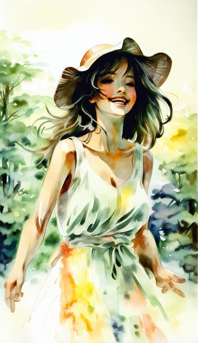 A warm-toned watercolor painting in a high-end gallery, featuring a laughing woman with tan skin in a sundress and wide-brimmed hat, set against a nature landscape. The artwork is characterized by soft, faded brushstrokes and beautifully painted light.