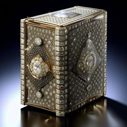 An exquisite, rare book with a diamond encrusted cover and diamond-studded pages, radiating opulence