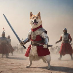 An anthropomorphized dog, holding a sword, clad in traditional Ottoman warrior attire, engaged in a heated battle amidst the backdrop of the Ottoman Empire.