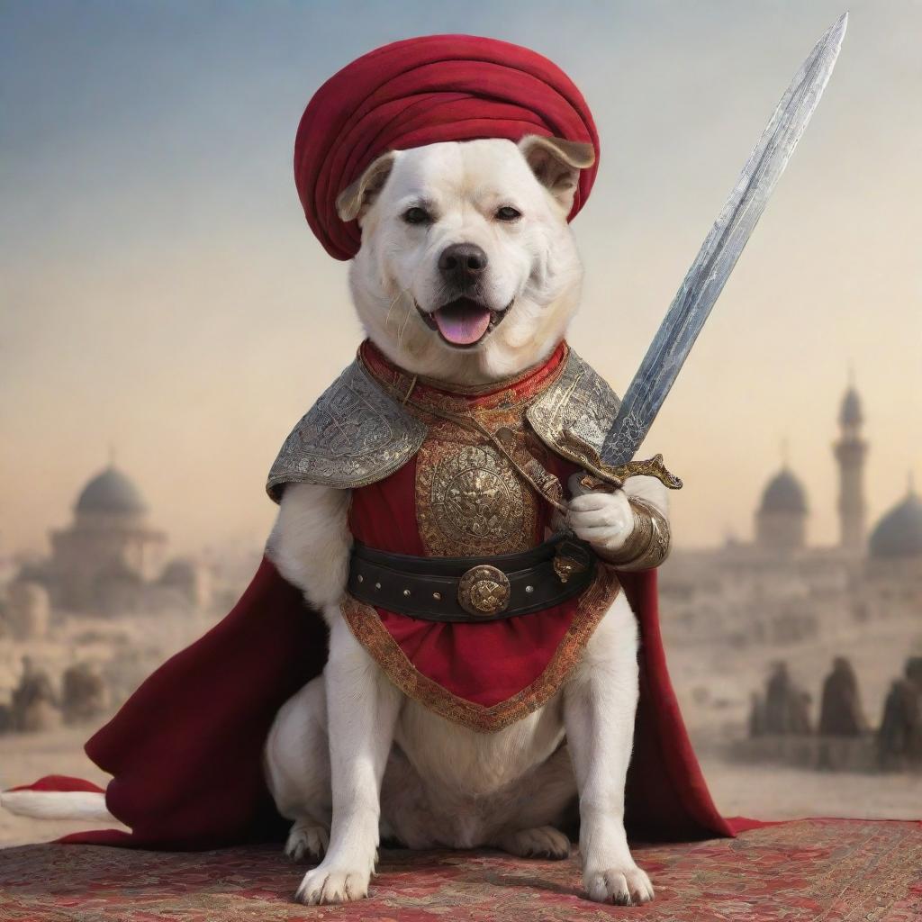 An anthropomorphized dog, holding a sword, clad in traditional Ottoman warrior attire, engaged in a heated battle amidst the backdrop of the Ottoman Empire.