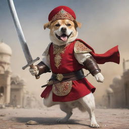 An anthropomorphized dog, holding a sword, clad in traditional Ottoman warrior attire, engaged in a heated battle amidst the backdrop of the Ottoman Empire.