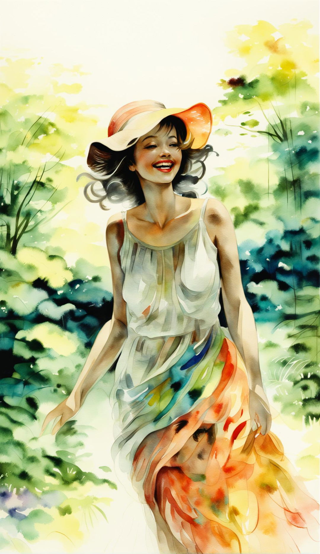 A zoomed-out view of a warm-toned watercolor painting in a high-end gallery, featuring a laughing woman with tan skin in a sundress and wide-brimmed hat, set against a nature landscape. The artwork is characterized by soft brushstrokes and beautifully painted light.