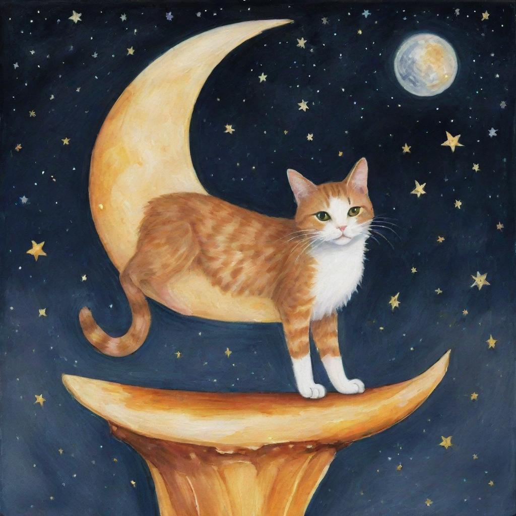 A whimsical cat clinging onto a slice of the moon dipped in glistening honey against a starry night sky.