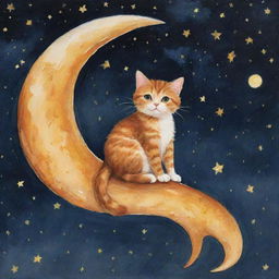 A whimsical cat clinging onto a slice of the moon dipped in glistening honey against a starry night sky.