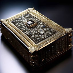 An exquisite, rare book with a diamond encrusted cover and diamond-studded pages, radiating opulence