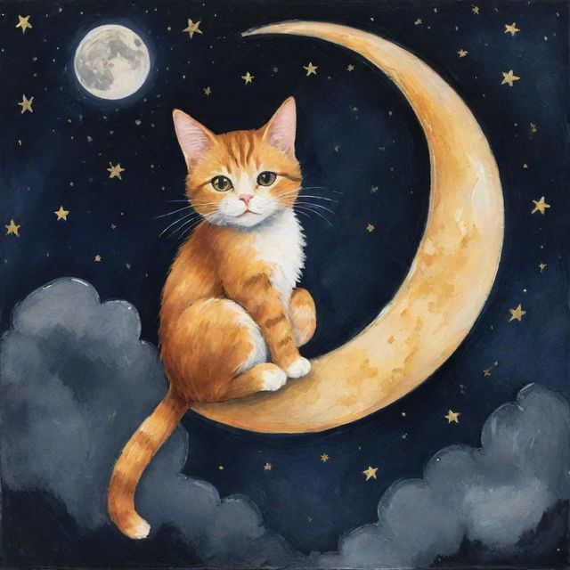 A whimsical cat clinging onto a slice of the moon dipped in glistening honey against a starry night sky.