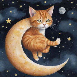 A whimsical cat clinging onto a slice of the moon dipped in glistening honey against a starry night sky.