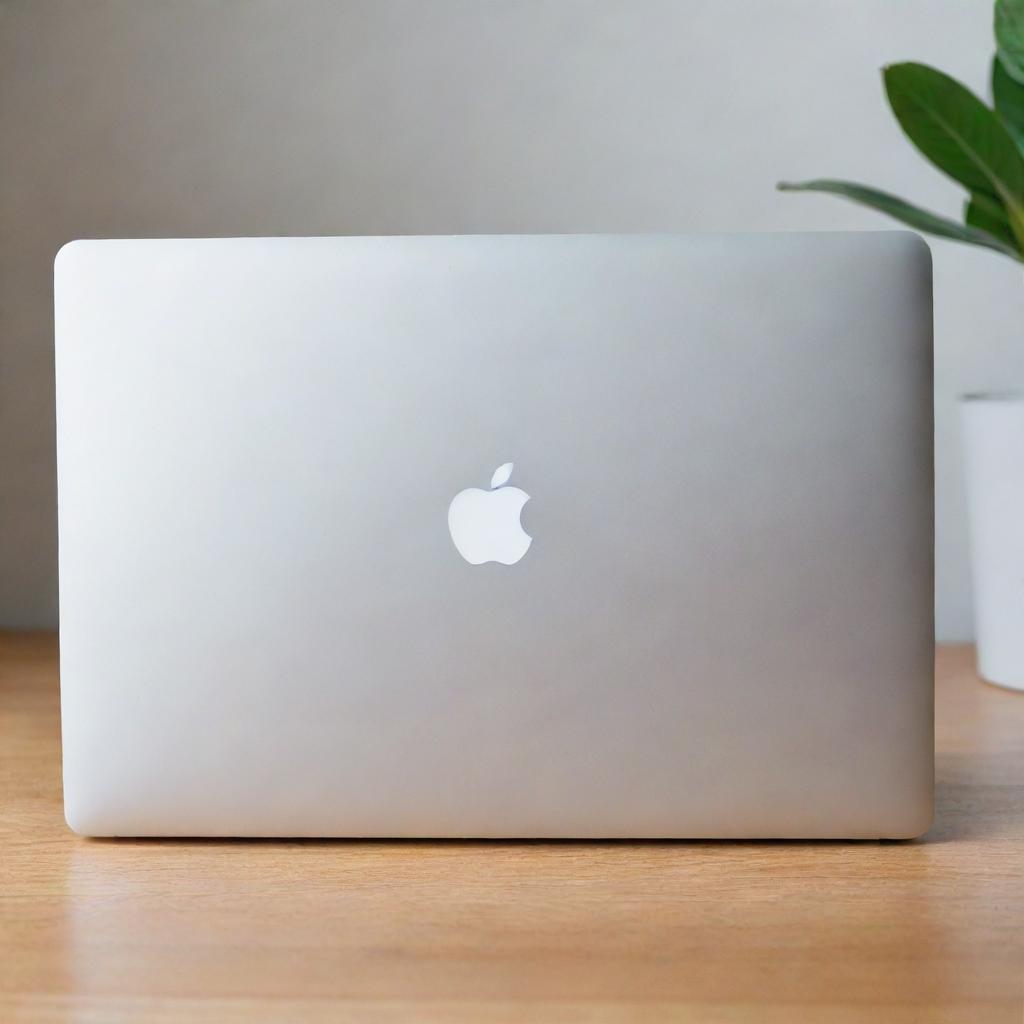 A sleek, brand new MacBook with a silver body and a brightly lit Apple logo on the back, placed on a clean, minimalist desk.