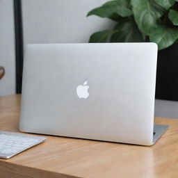 A sleek, brand new MacBook with a silver body and a brightly lit Apple logo on the back, placed on a clean, minimalist desk.