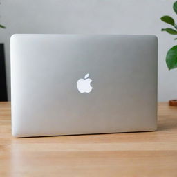 A sleek, brand new MacBook with a silver body and a brightly lit Apple logo on the back, placed on a clean, minimalist desk.