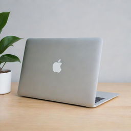 A sleek, brand new MacBook with a silver body and a brightly lit Apple logo on the back, placed on a clean, minimalist desk.