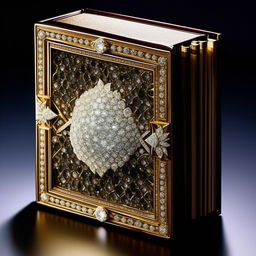 An exquisite, rare book with a diamond encrusted cover and diamond-studded pages, radiating opulence