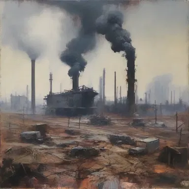 The artist skillfully captured the deteriorating environmental condition in an impactful painting, depicting industrial pollution and deforestation.