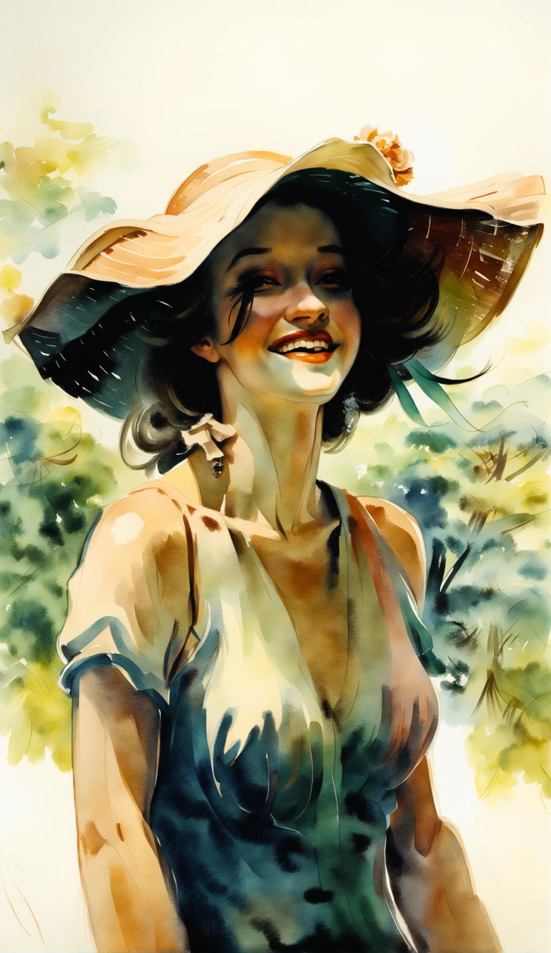 A zoomed-out view of a warm-toned watercolor painting in a high-end gallery, featuring an olive-skinned Italian woman laughing in a sundress and wide-brimmed hat, set against a nature landscape. The artwork is characterized by soft brushstrokes and beautifully painted light.