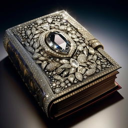 An exquisite, rare book with a diamond encrusted cover and diamond-studded pages, radiating opulence