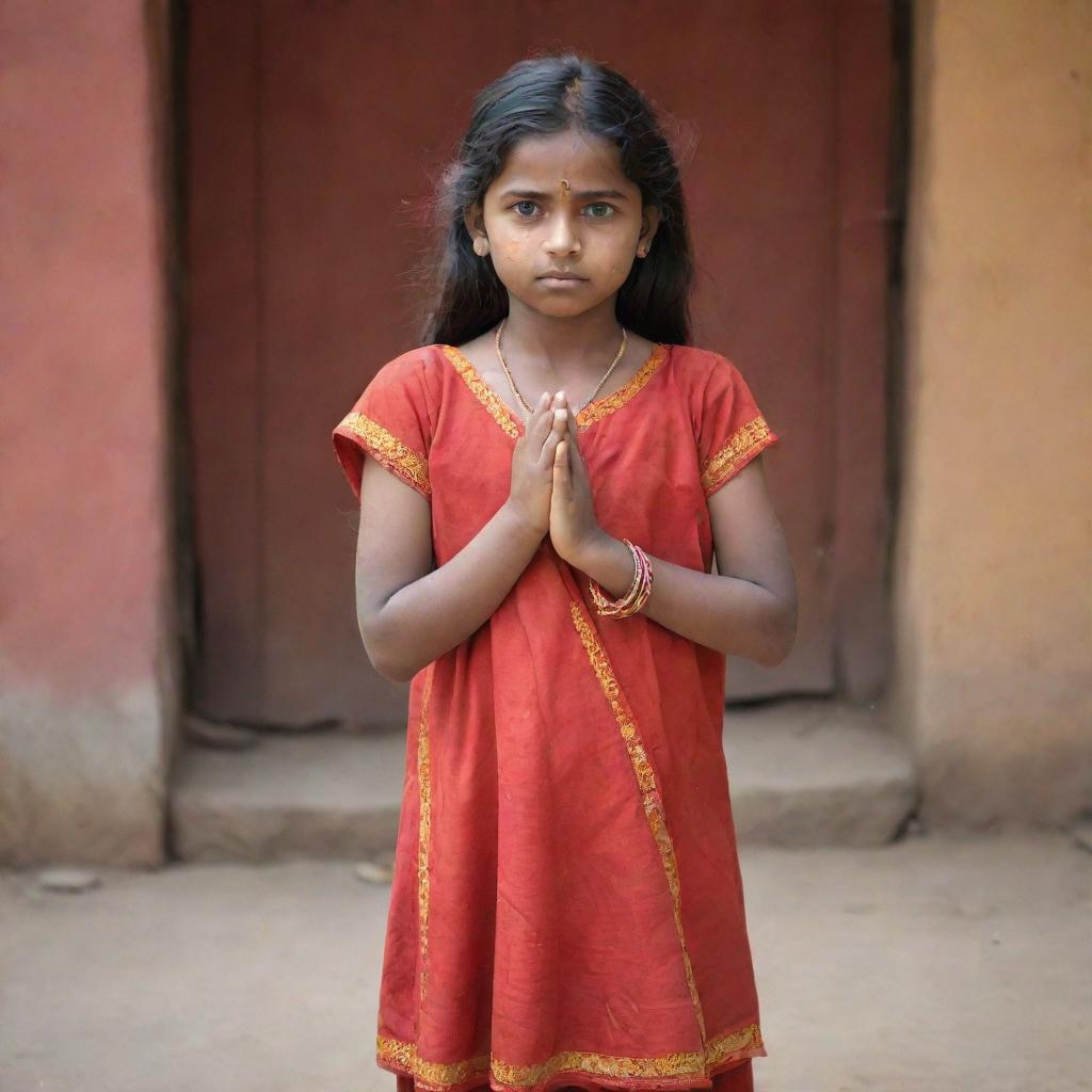 A young girl standing in a traditionally playful Murga punishment pose, reflecting a humbling discipline method commonly in Indian culture. She wears casual clothing and shows an embarrassed expression on her face.