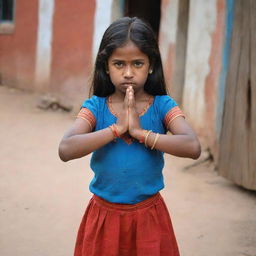 A young girl standing in a traditionally playful Murga punishment pose, reflecting a humbling discipline method commonly in Indian culture. She wears casual clothing and shows an embarrassed expression on her face.