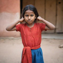 A young girl standing in a traditionally playful Murga punishment pose, reflecting a humbling discipline method commonly in Indian culture. She wears casual clothing and shows an embarrassed expression on her face.