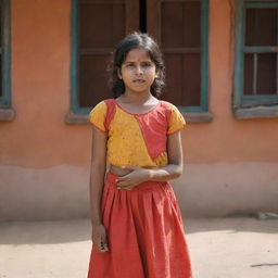 A young girl standing in a traditionally playful Murga punishment pose, reflecting a humbling discipline method commonly in Indian culture. She wears casual clothing and shows an embarrassed expression on her face.