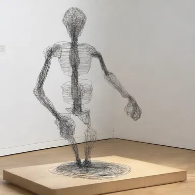 The artist used an armature made of wire to create the shape of the sculpture, and the movement of the sculpture through a magnetic field would induce voltage.