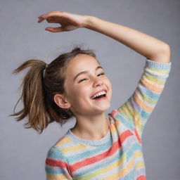 A young girl in a playful pose where she is arching her back and reaching up to hold her earlobes. She is lokking upwards, laughing and wearing a bright, casual outfit.