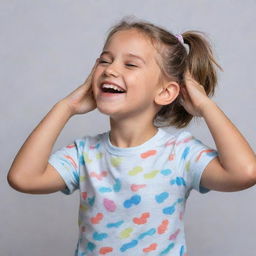 A young girl in a playful pose where she is arching her back and reaching up to hold her earlobes. She is lokking upwards, laughing and wearing a bright, casual outfit.