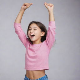 A young girl in a playful pose where she is arching her back and reaching up to hold her earlobes. She is lokking upwards, laughing and wearing a bright, casual outfit.