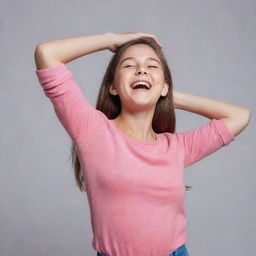 A young girl in a playful pose where she is arching her back and reaching up to hold her earlobes. She is lokking upwards, laughing and wearing a bright, casual outfit.