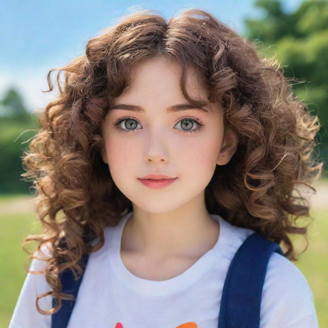 Anime girl with curly, brown hair, expressive eyes, and a vibrant expression, wearing a simple yet fashionable outfit against a serene backdrop.