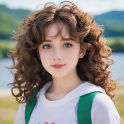 Anime girl with curly, brown hair, expressive eyes, and a vibrant expression, wearing a simple yet fashionable outfit against a serene backdrop.