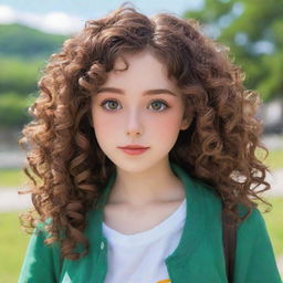 Anime girl with curly, brown hair, expressive eyes, and a vibrant expression, wearing a simple yet fashionable outfit against a serene backdrop.