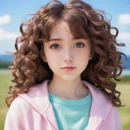 Anime girl with curly, brown hair, expressive eyes, and a vibrant expression, wearing a simple yet fashionable outfit against a serene backdrop.