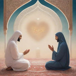 Illustration of unconditional love towards Allah SWT, showcasing elements like prayer, kindness, and devotion in a peaceful, spiritual setting.