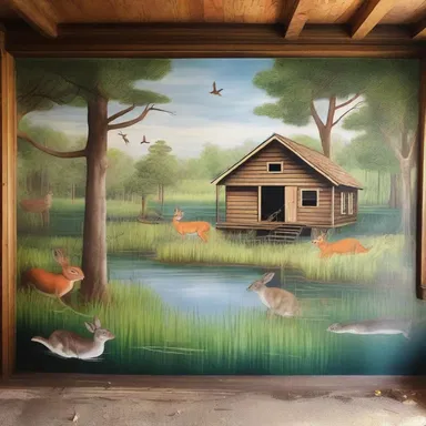 The rustic cabin was decorated with an intricate mural of swamp rabbits, capturing the essence of the surrounding wetlands.