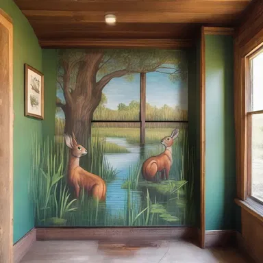 The rustic cabin was decorated with an intricate mural of swamp rabbits, capturing the essence of the surrounding wetlands.