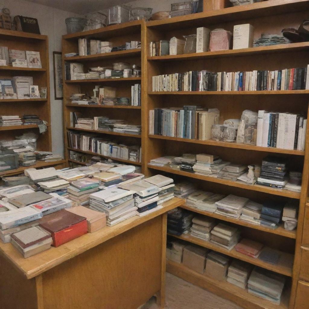 An assortment of well-preserved, fairly used items including books, clothes, and kitchen appliances arranged in a tidy thrift shop setting.