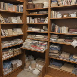 An assortment of well-preserved, fairly used items including books, clothes, and kitchen appliances arranged in a tidy thrift shop setting.