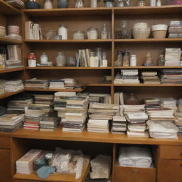 An assortment of well-preserved, fairly used items including books, clothes, and kitchen appliances arranged in a tidy thrift shop setting.