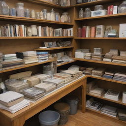 An assortment of well-preserved, fairly used items including books, clothes, and kitchen appliances arranged in a tidy thrift shop setting.