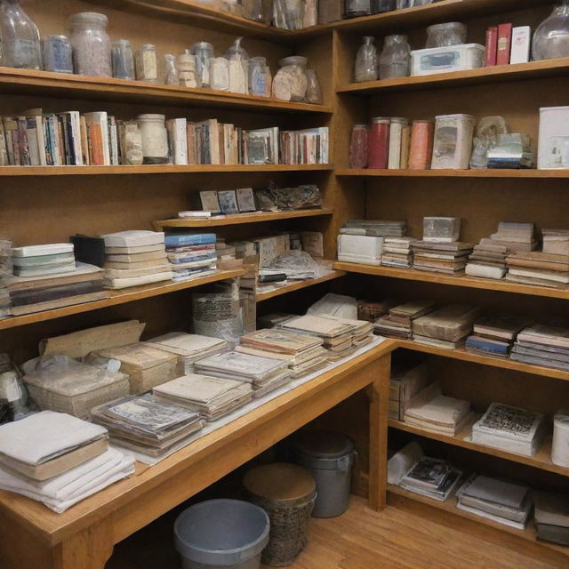 An assortment of well-preserved, fairly used items including books, clothes, and kitchen appliances arranged in a tidy thrift shop setting.