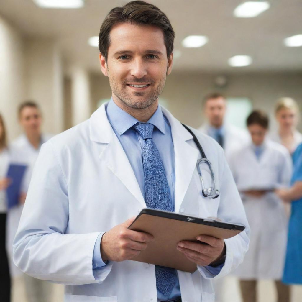 A professional doctor in white lab coat, wearing a stethoscope around neck and holding a clipboard in hand. Background is a busy hospital setting full of staff and patients.