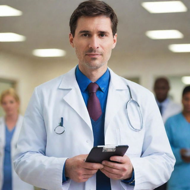 A professional doctor in white lab coat, wearing a stethoscope around neck and holding a clipboard in hand. Background is a busy hospital setting full of staff and patients.