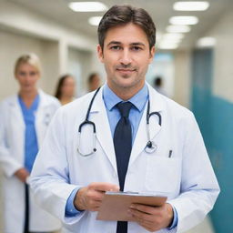 A professional doctor in white lab coat, wearing a stethoscope around neck and holding a clipboard in hand. Background is a busy hospital setting full of staff and patients.