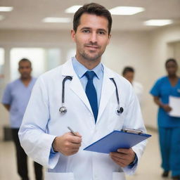 A professional doctor in white lab coat, wearing a stethoscope around neck and holding a clipboard in hand. Background is a busy hospital setting full of staff and patients.