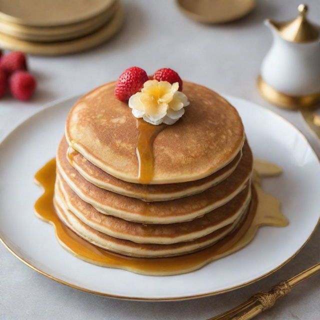 An extravagant pancake decorated with edible gold and luxurious ingredients represents a 100 dollar pancake.