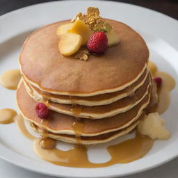 An extravagant pancake decorated with edible gold and luxurious ingredients represents a 100 dollar pancake.