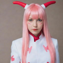 Someone cosplaying as Zero Two from Darling in the Franxx. They wear her signature red and white suit, complete with a pair of pink antler-shaped hair clips in their hair.