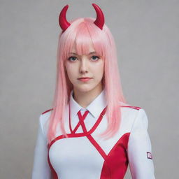 Someone cosplaying as Zero Two from Darling in the Franxx. They wear her signature red and white suit, complete with a pair of pink antler-shaped hair clips in their hair.