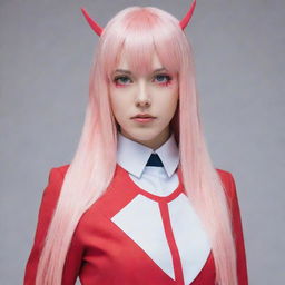 Someone cosplaying as Zero Two from Darling in the Franxx. They wear her signature red and white suit, complete with a pair of pink antler-shaped hair clips in their hair.